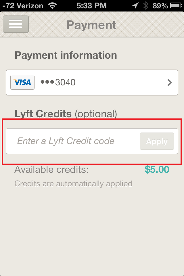 Enter the code 6V3P22 in the Lyft Credits box.